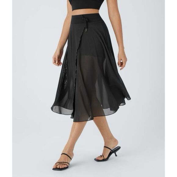 Halara High Waisted Drawstring Contrast Mesh Flowy midi Flare Casual Skirt - Picture 3 of 9